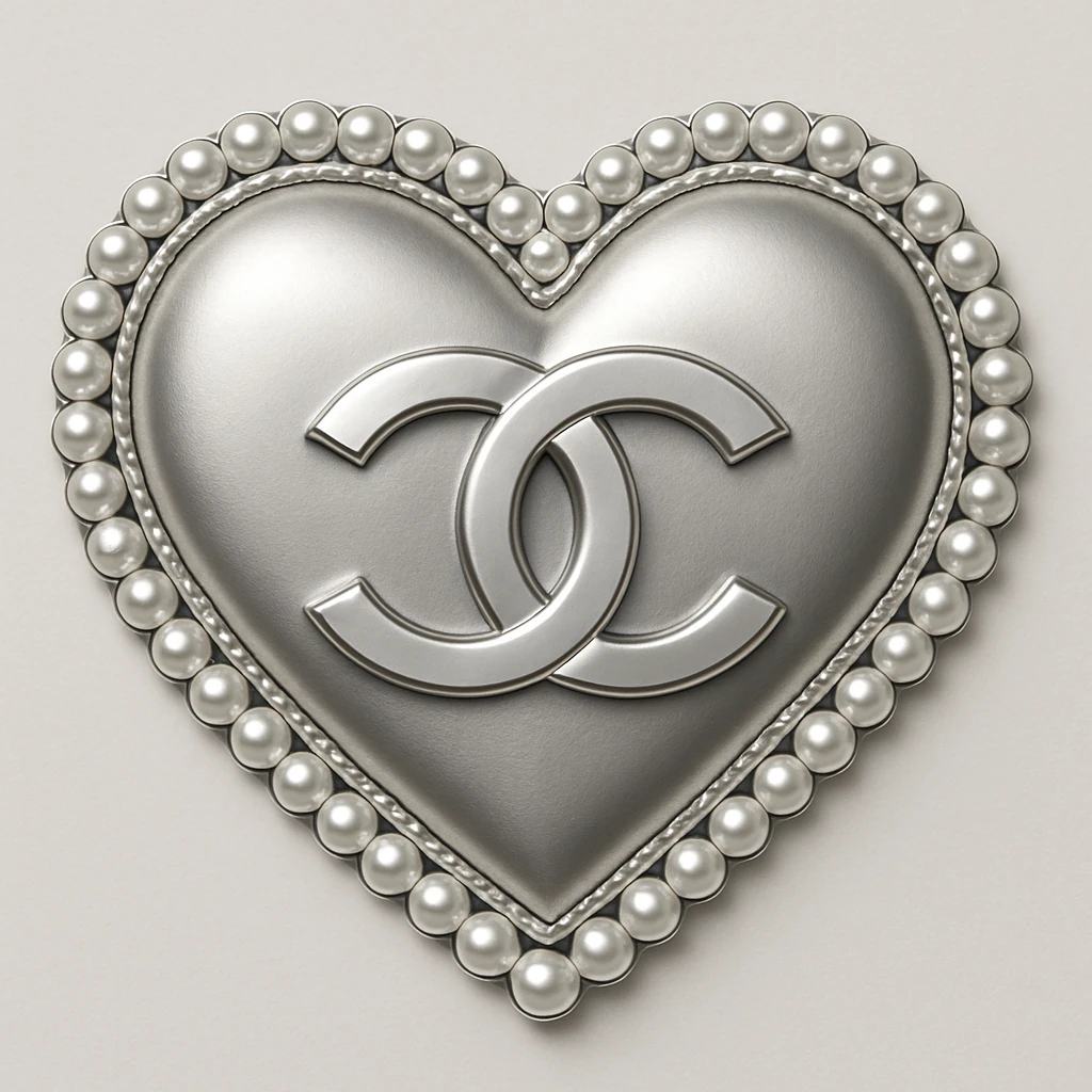 Create an elegant and classic heart inspired by Chanel, featuring a metallic silver style with a pearl border and interlocking C's, refined and timeless luxury design. emoji