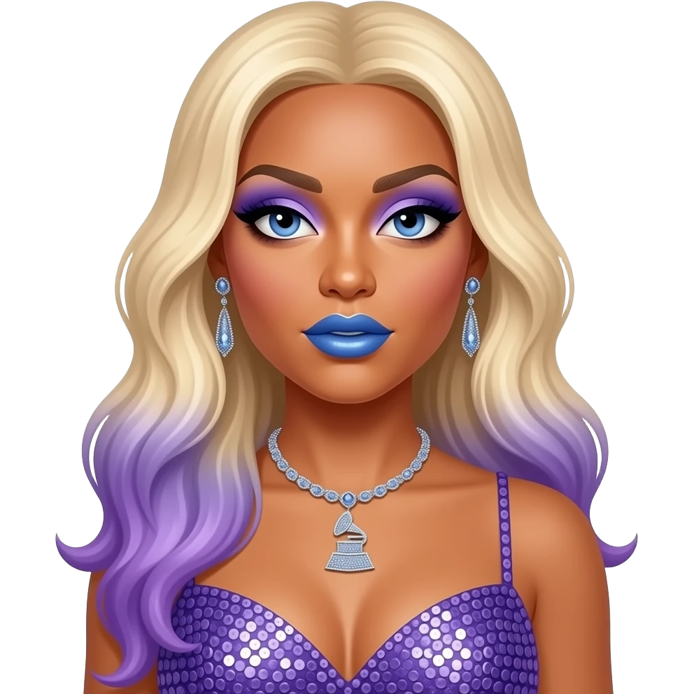 Lil Kim with periwinkle eyes, long blonde hair with periwinkle ombre, blue eyeshadow, blue lipstick, periwinkle grammy dress, earrings and necklace emoji