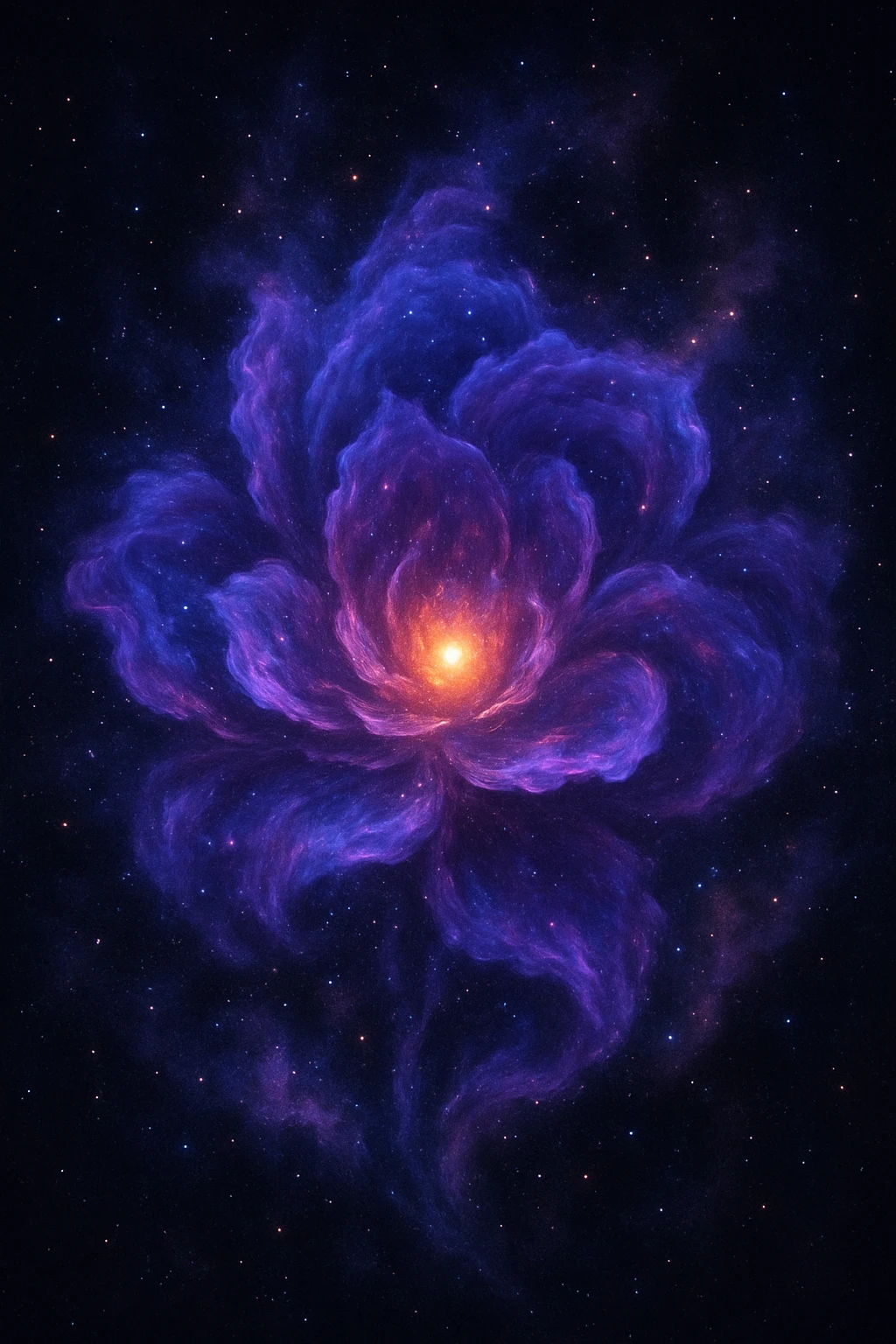 A stylized flower made of swirling purple, blue, and pink nebula clouds, with a glowing center and cosmic dust. emoji