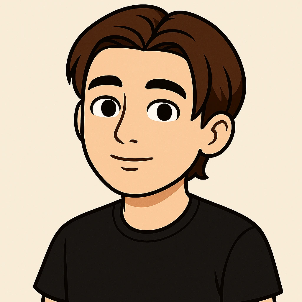 Draw the young man from the first image in the style of the second image: cartoon style that is clean, friendly, and simple. Depict him with a neutral posture and no hand gestures. Use a light background as shown in the second image. emoji