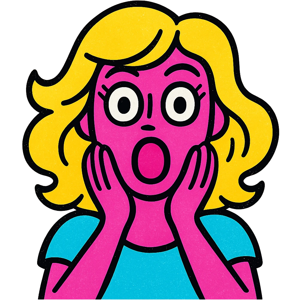 an aesthetic shocked blonde woman, bold pop colors, graphic style, expressive, clean background emoji