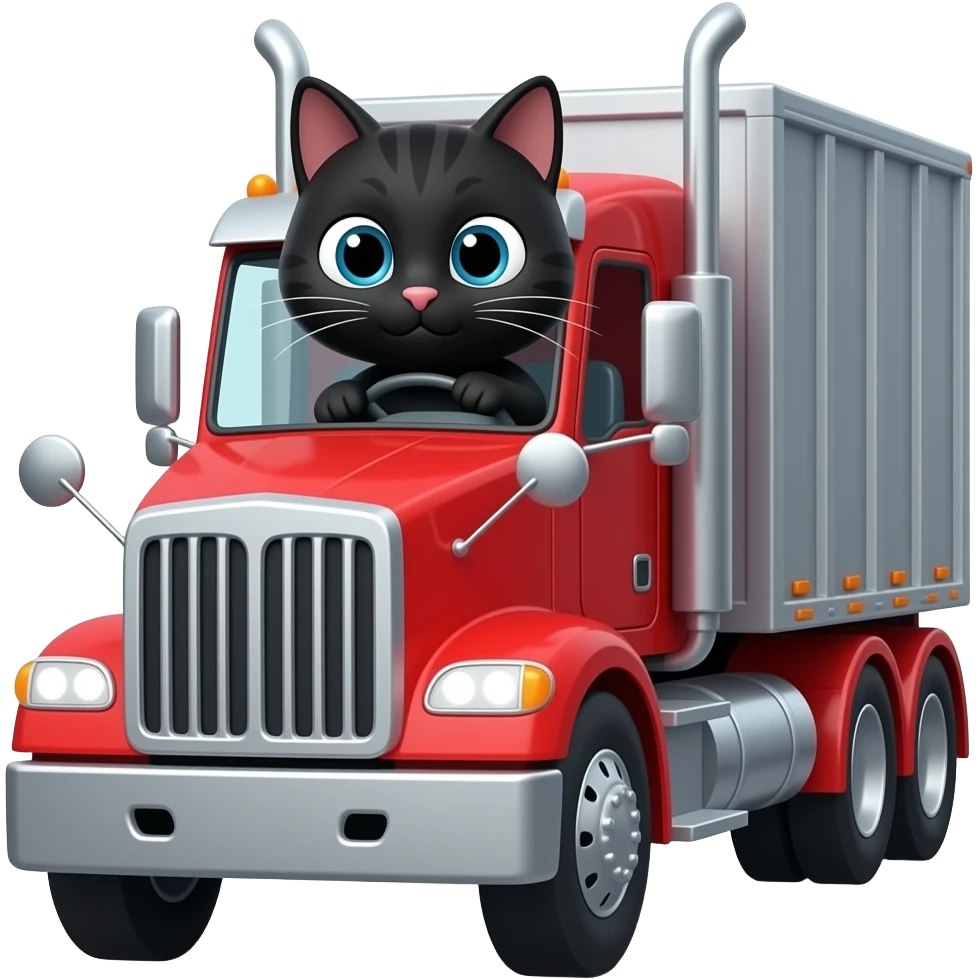 black cat driving big red truck emoji