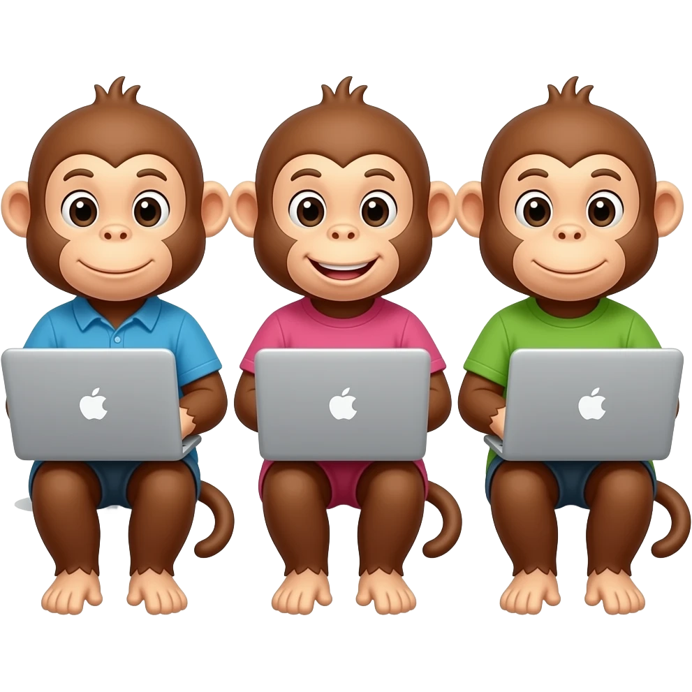 3 monkeys sitting next to each other and typing on their mac laptop emoji