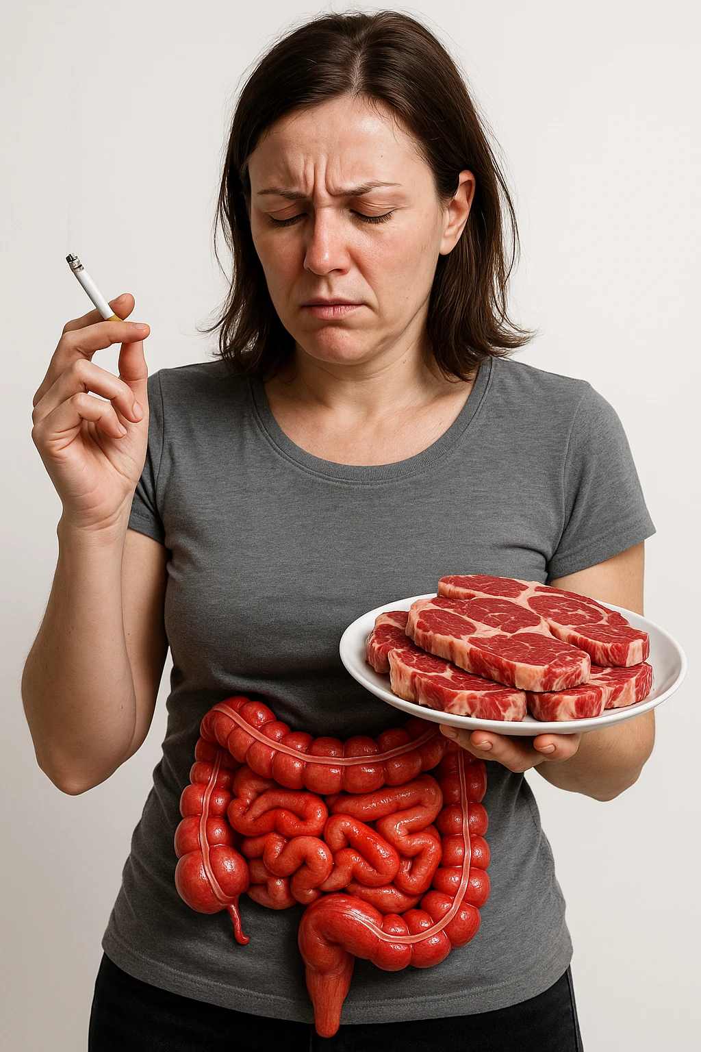 UNA DONNA REALISTICA CON UNA SIGARETTA IN MANO E UN PIATTO PIENO DI CARNE SIMMENTAL NELL'ALTRA MANO, INTESTINO ANATOMICO INFIAMMATO VISIBILE, MAL DI PANCIA, ISOLATA SU SFONDO BIANCO, IPERREALISTICA 4K emoji
