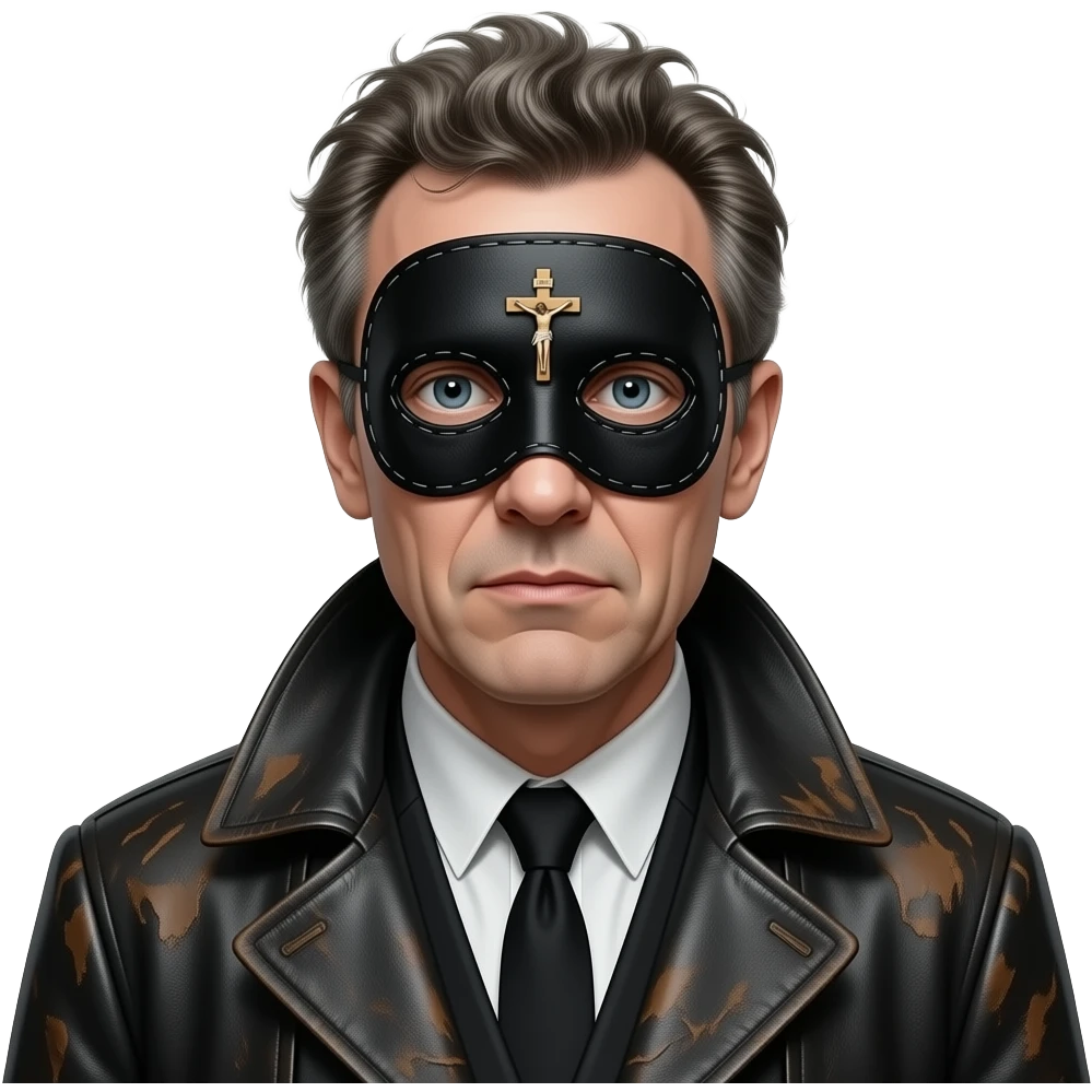 portrait of Joel-Peter Witkin, an American photographer known for his provocative and controversial works, he wears a small black mask with a crucifix over his eyes: a small crucifix is ​​sewn onto the black mask between the eyes of the portrait, he wears a worn leather coat and very disheveled hair emoji