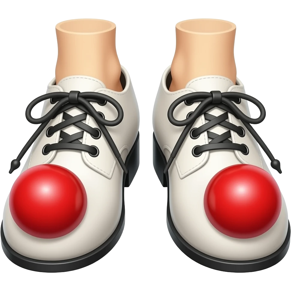 White toes with red toenails stick out of tip front of clown shoes emoji
