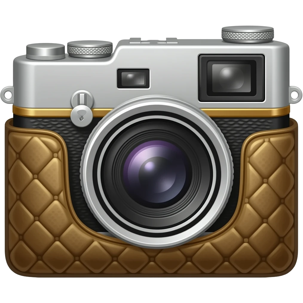 Image hyperréaliste et accrocheuse d'un appareil photo old shcool. Ajoute subtilité pour renforcer l'impression de luxe de la scène. L'ensemble est isolée sur un fond blanc. emoji