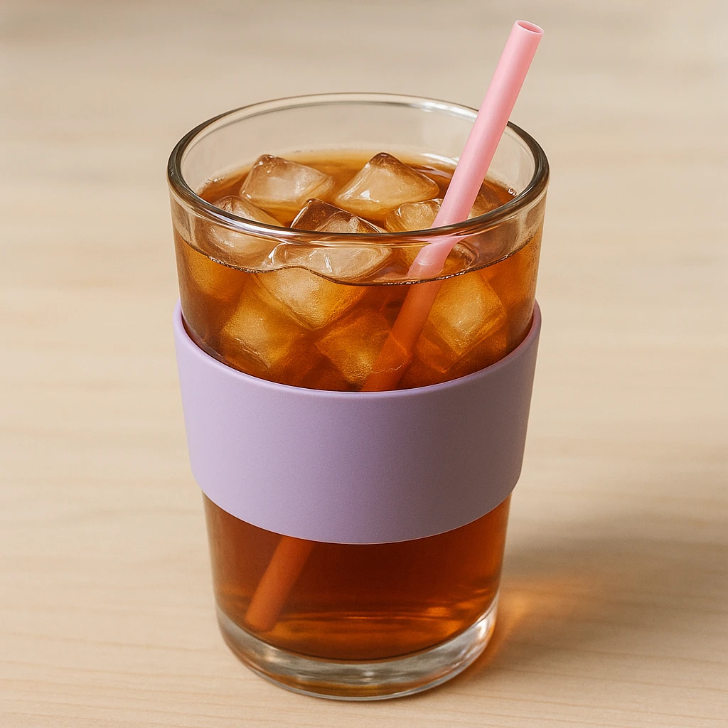 realistic sweet tea cup, lavender sleeve, pink straw, ice cubes, glass reflections emoji