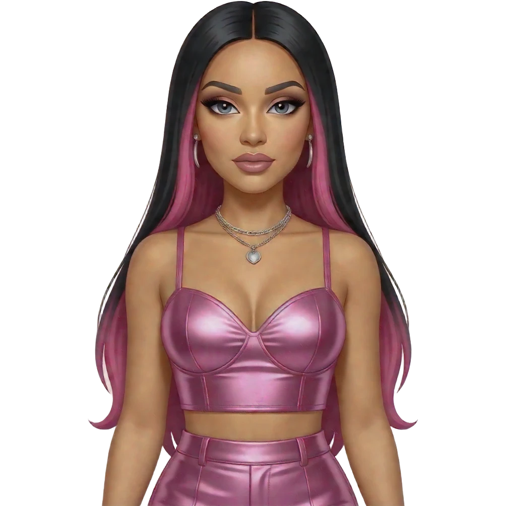 Nicki Minaj with dark grey eyes, long black straight hair with hot pink ombre, pink metallic sweetheart crop top, pink metallic skirt, necklace and earrings emoji