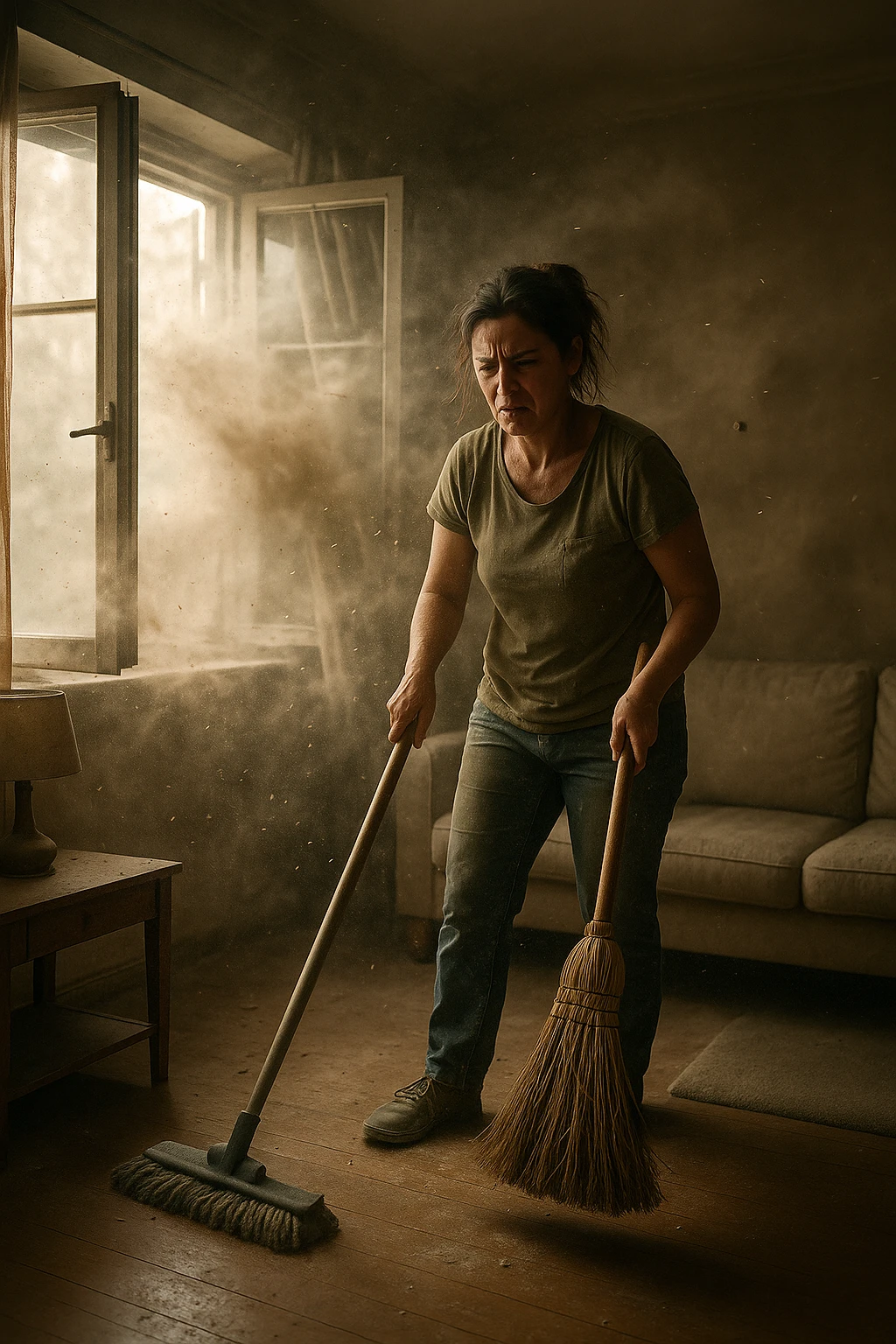 A realistic, cinematic image of a person cleaning a living room with a mop and broom, windows wide open letting in a strong gust of wind. Through the open windows, thick clouds of dust, pollen, and small debris visibly swirl into the room, floating in sunbeams that highlight the particles in the air. The person looks frustrated and tired, mid-action sweeping but clearly battling the incoming dust. Around the room, some furniture and surfaces already show a thin layer of dust settling. The scene is bathed in natural daylight with a slightly hazy atmosphere due to the airborne dust. The color palette uses warm, muted tones emphasizing the contrast between cleanliness efforts and the stubborn dirt and dust invading the space. The focus is on the tension between trying to clean and the unavoidable mess coming in from outside. emoji