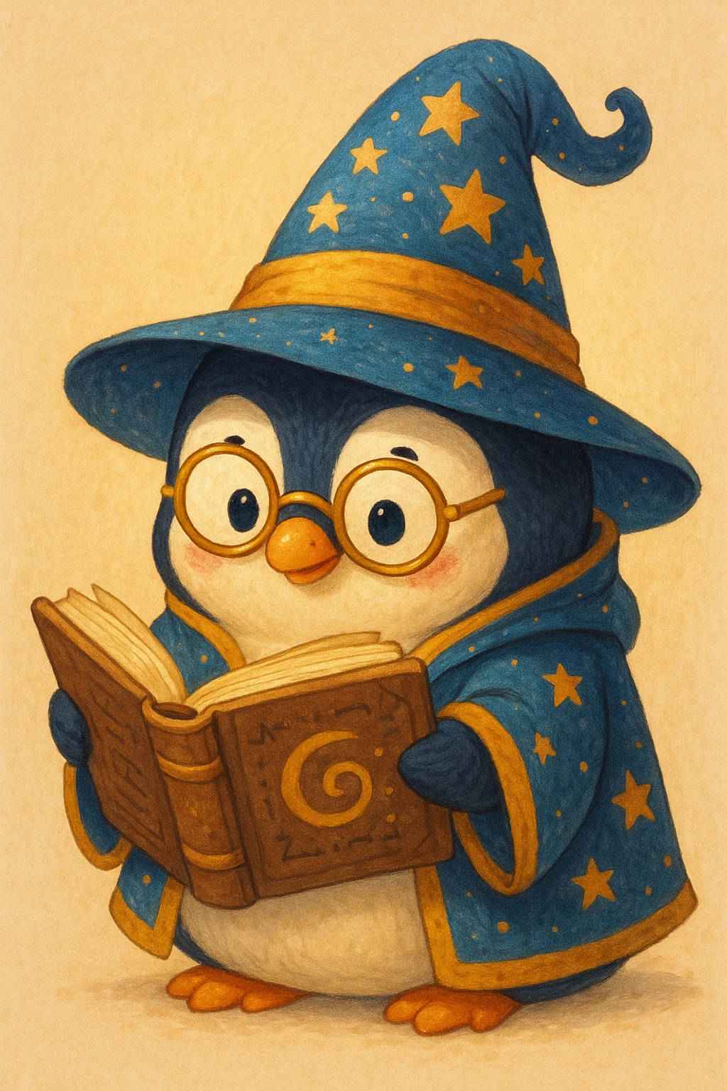 a chubby penguin wizard with glasses, reading a spellbook, whimsical style emoji