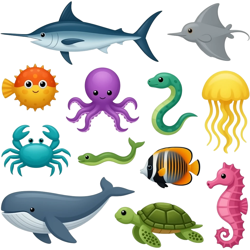 Blue swordfish, gray stingray, orange and yellow blowfish, purple octopus, turquoise crab, green eel, yellow jellyfish, orange and black angelfish, gray whale, green sea turtle, and pink seahorse emoji