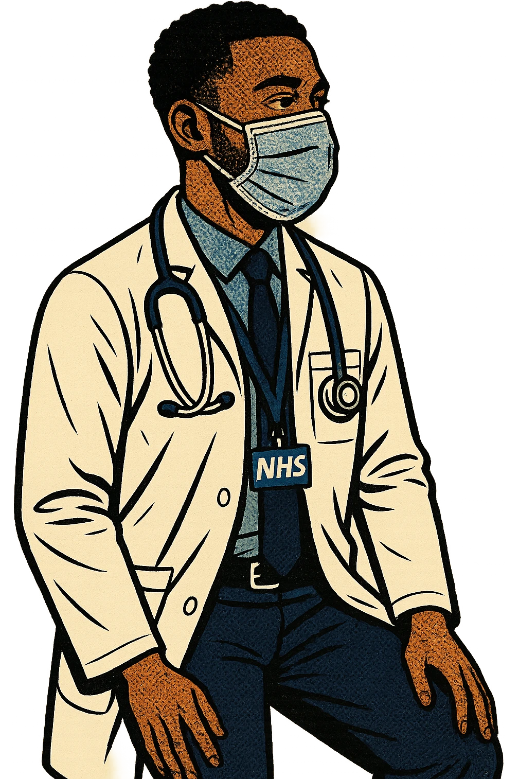 the full body of a young make black doctor from 2020 wearing a face mask.  He is looking calm. he is also wearing an NHS lanyard around his neck and facing RIGHT emoji