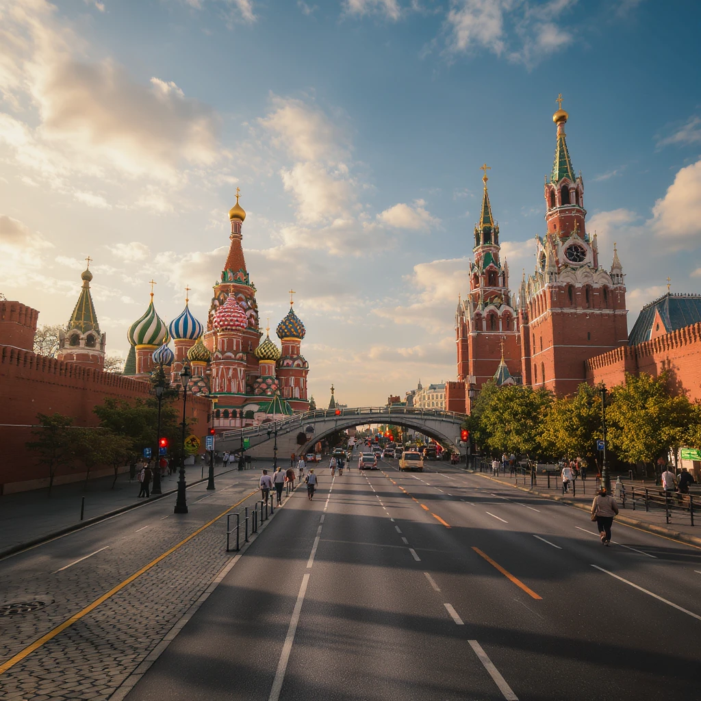 Изометричная миниатюрная 3D модель Москвы на подставке - фотореалистичный Кремль, собор Василия Блаженного, фотореалистичный Башни Москва-Сити, аккуратная детализация, яркие цвета, мультяшный реализм, гуляют люди и современный автотранспорт и метро, компактная композиция, вид сверху в изометрии emoji