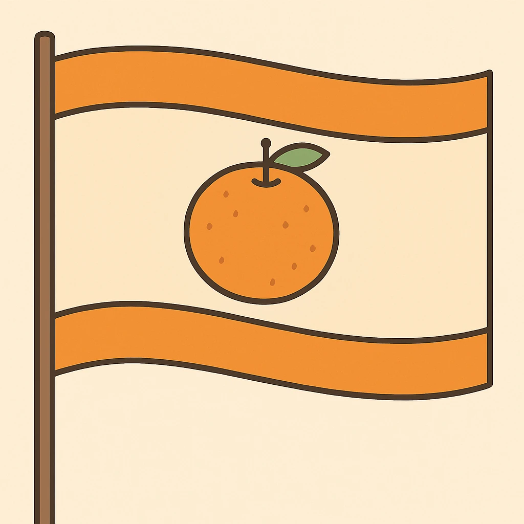 Reduce the size of the mandarin, remove any human elements, make the background white, and keep the flag style with orange stripes at the top and bottom. Maintain the overall composition and style as in the original image. emoji