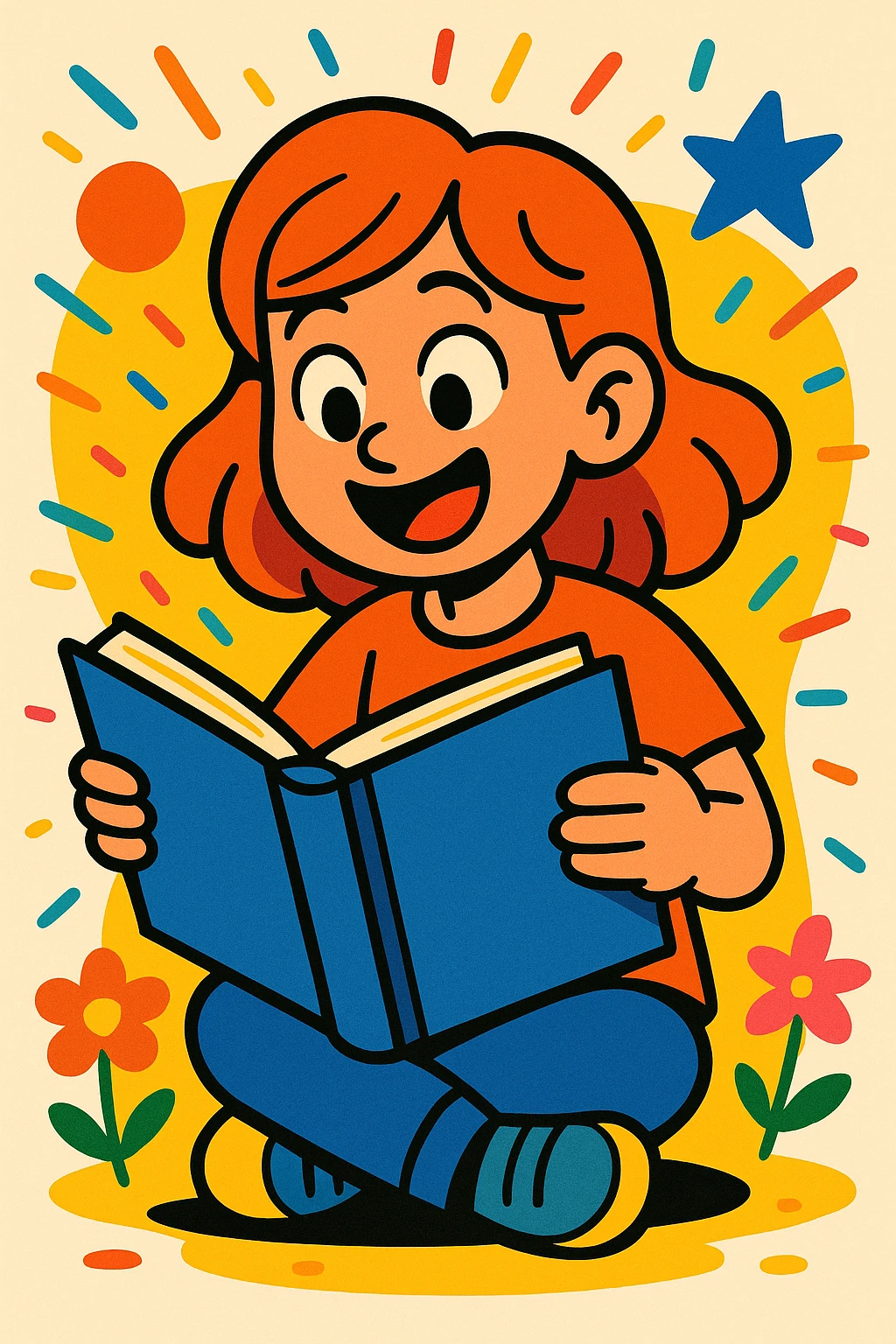 girl reading a book, vibrant cartoon style, colorful, lively, expressive emoji