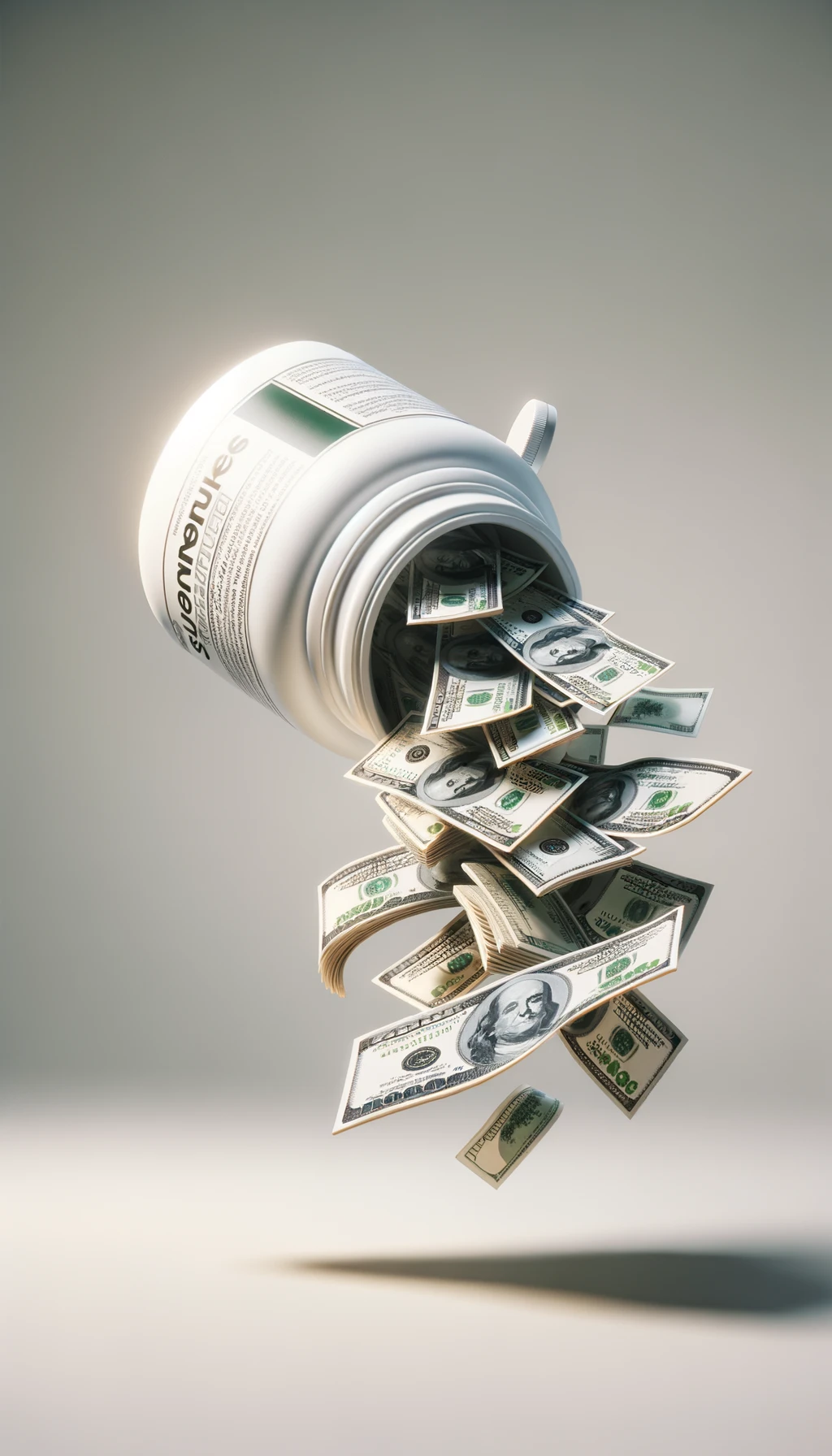 boccetta di integratore fluttua in aria, dalla boccetta aperta escono delle banconote, sfondo neutro chiaro, iperrealistico 4k emoji