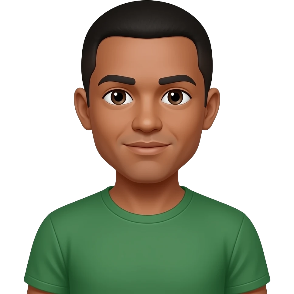 A character with short black hair, wearing a green t-shirt, bare ears, no jewelry, no earrings. emoji