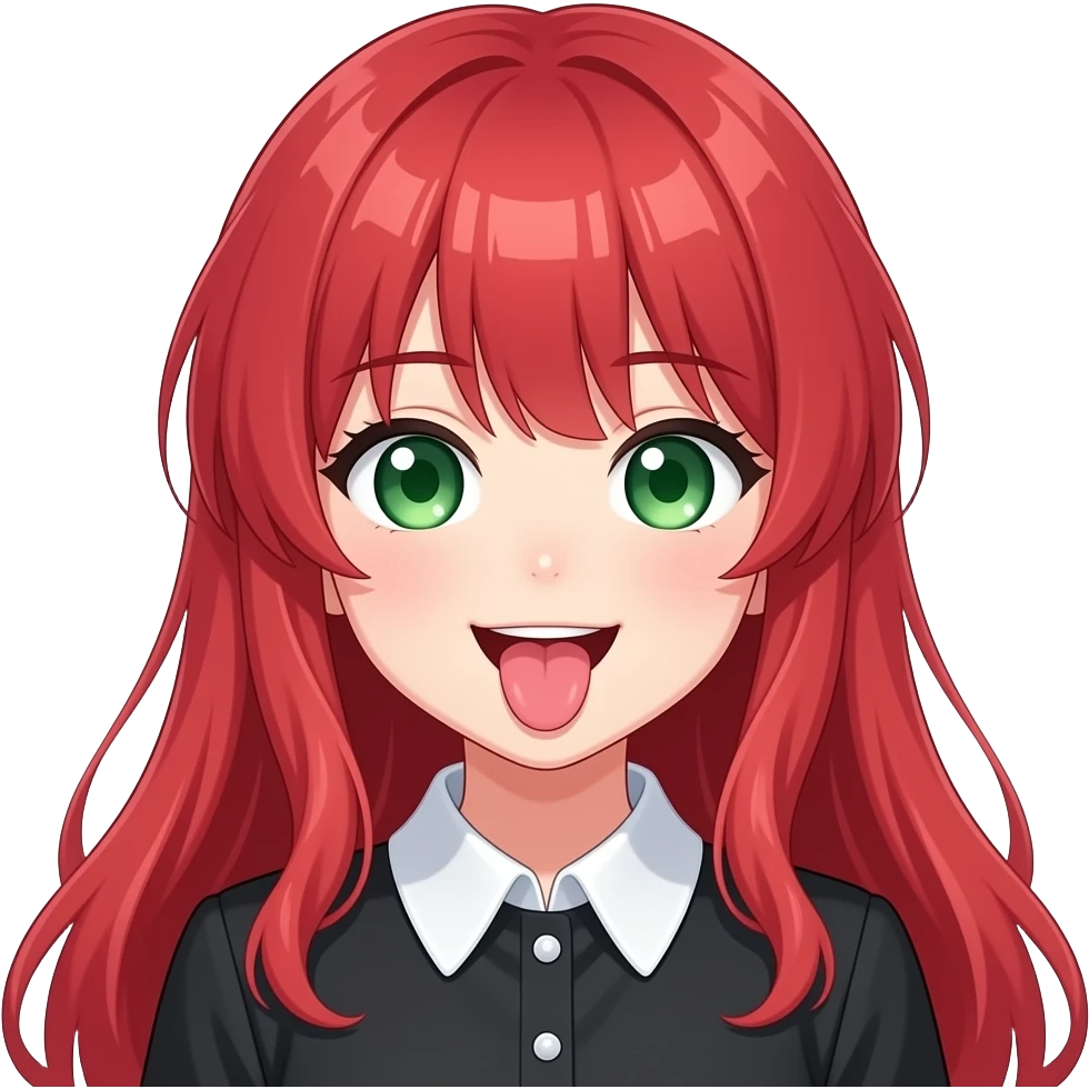 anime girl tongue out to side silly expression long red hair green eyes black blouse with white collar emoji