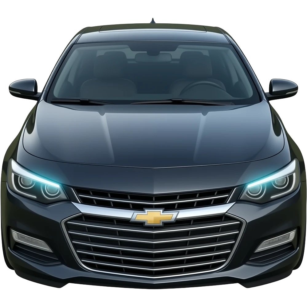 A realistic, high-detail photograph of a glossy black Chevrolet Malibu 2 Turbo Premier sedan with tinted windows and black alloy rims, bright LED headlights emitting a dinamic brighting glowing effect emoji