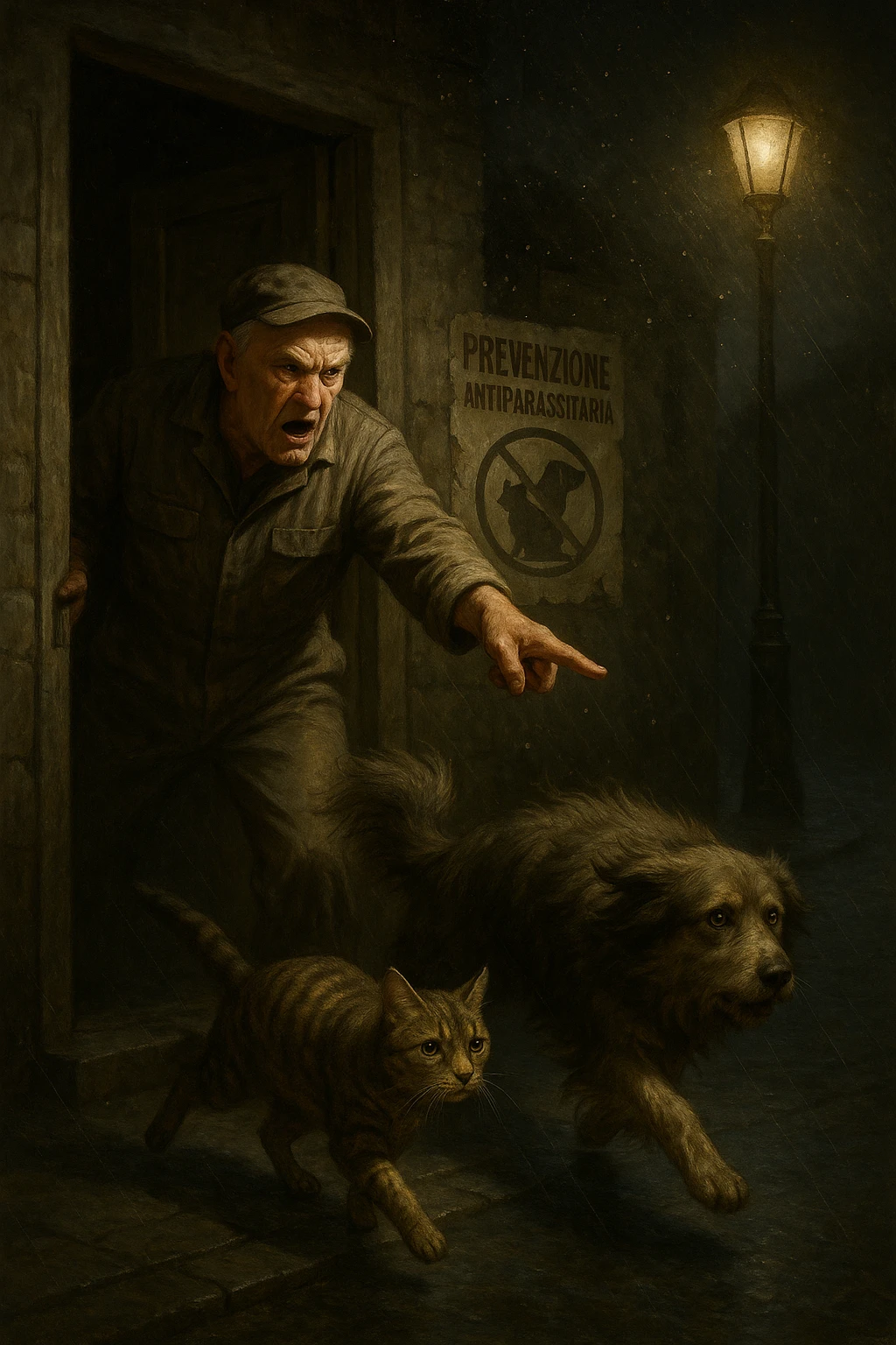 Un uomo anziano in tuta da lavoro, con espressione arrabbiata, butta fuori i suoi animali con aperta la porta di casa mentre il suo cane (un meticcio a pelo lungo) e il gatto (soriano) scappano nella strada buia sotto la pioggia. Particelle di polvere/pulci fluttuano nell'aria illuminata dal lampione. Sullo sfondo, un poster strappato del veterinario con scritto 'Prevenzione antiparassitaria'. Stile fotorealistico, illuminazione Caravaggesca, toni grigi e ocra. in italiano emoji