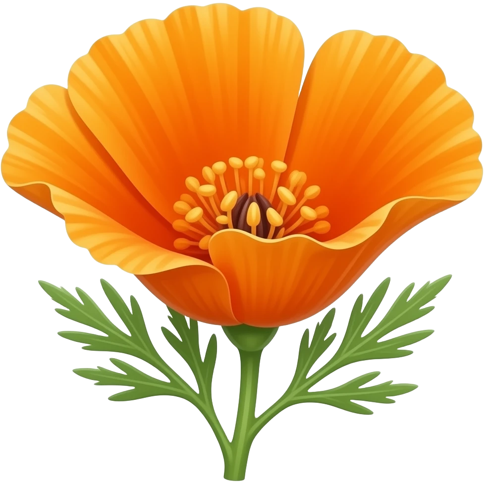 Bright orange California poppy flower with delicate petals, sunny golden center, green feathery stems and leaves, warm sunlight, vibrant and cheerful, blooming with onmmly one stem n oleaves branching on the side NO DAMN LEAvaeso n the SIDE OF HTHAE ASTEM ONE STEM STANDING UP STRAIGHt emoji