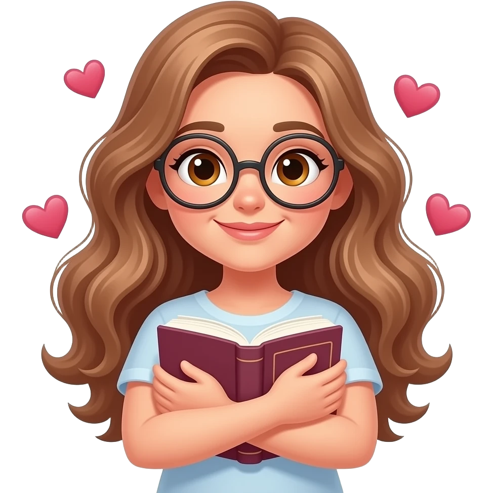 detailed emoji illustration of a curvy woman with long light brown wavy hair, light brown eyes and round glasses hugging a book with hearts around her, in love with the story, cute emoji style emoji