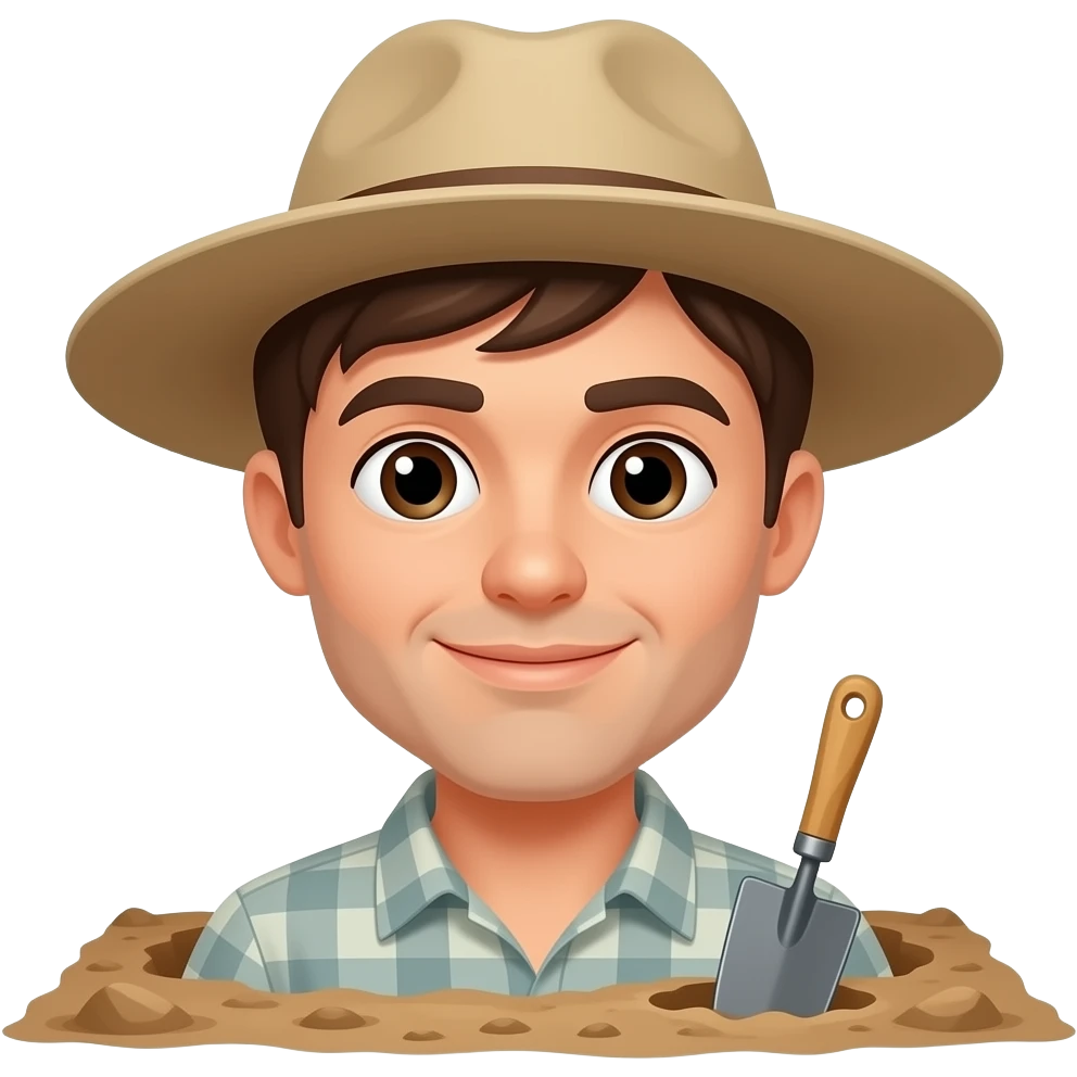 male paleontologist with dark brown hair digging emoji