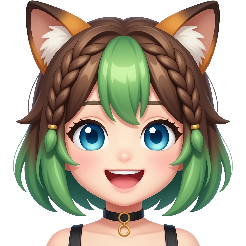 Brown and green hair with blue eyes vtuber laughing with fox ears emoji