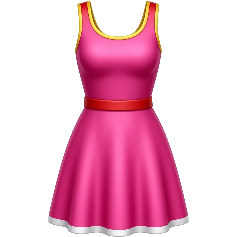Cute emoji icon of a bright pink dress, sleeveless with red straps bordered in yellow, white trim along the bottom edge, smooth fabric texture, front view, clean white background, isolated clothing, simple flat emoji style, centered --ar 1:1 emoji