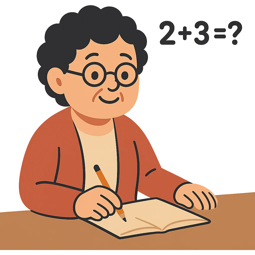 flat toon style grandma with short curly black hair doing math emoji