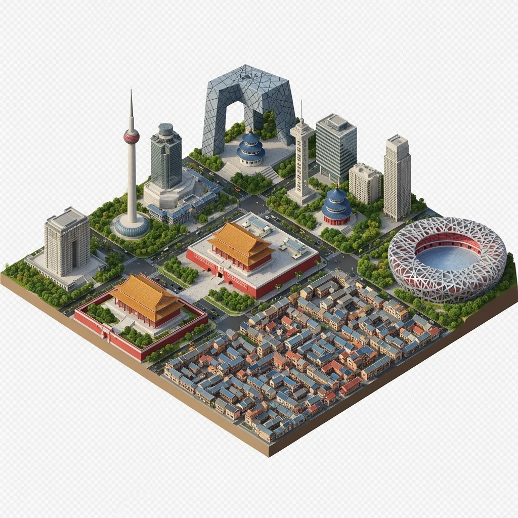 Isometric miniature of Beijing Forbidden City, Tiananmen Square, CCTV Headquarters, Temple of Heaven, China Zun tower, Bird’s Nest Stadium and crowded hutong alleys, apartment blocks, 3D miniature effect and Tilt Shift effect, no cartoonish look, transparent background, don't cut angles emoji