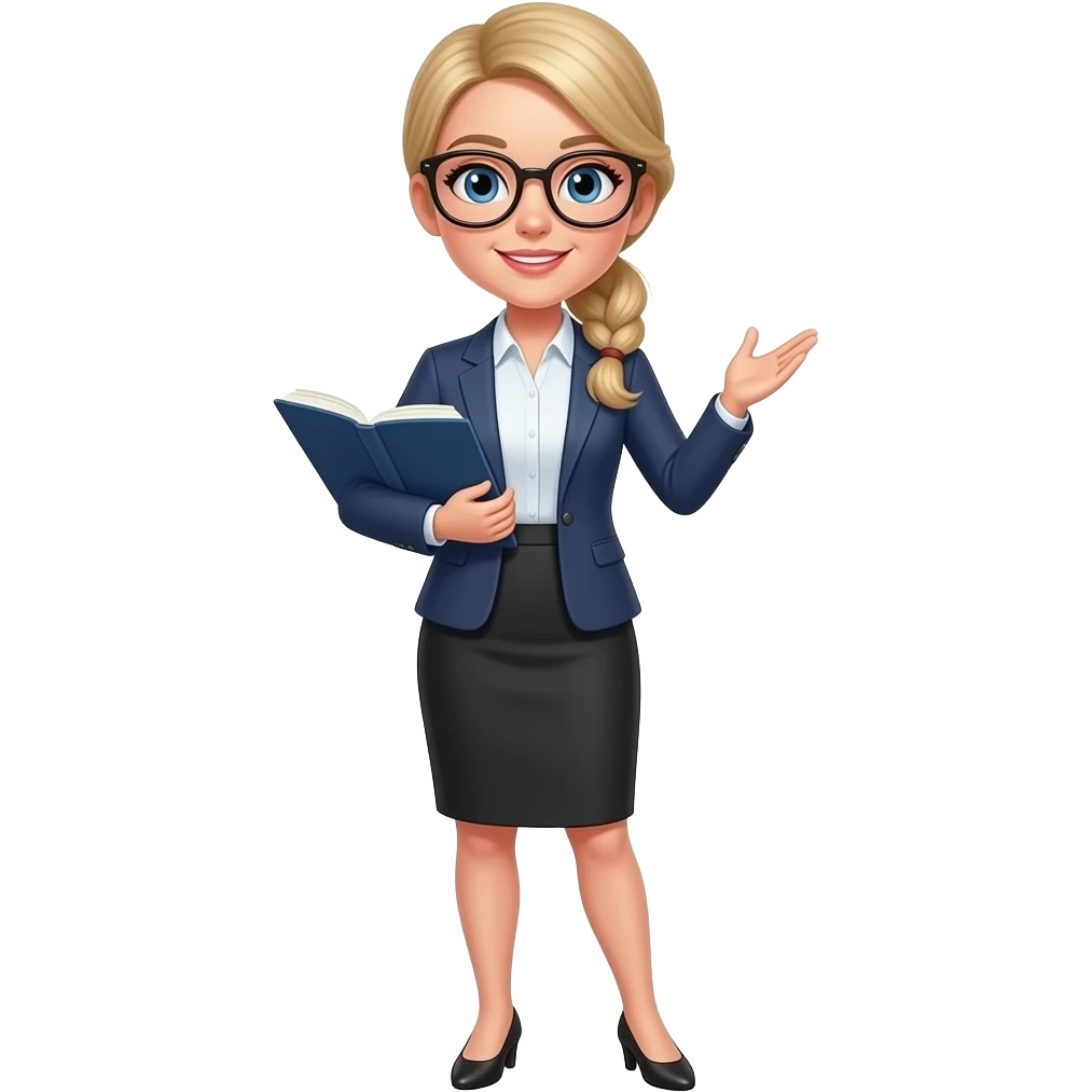 crear con cuerpo entero tipo maestra con lentes mujer con cabello rubio chino al hombro emoji