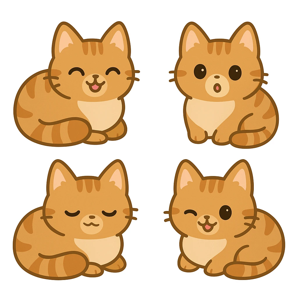 Create four versions of the orange cute cat in the reference image, each with a different expressive emotion: happy, surprised, sleepy, and playful. Keep the same style and pose, only change the facial expressions to reflect these emotions. emoji