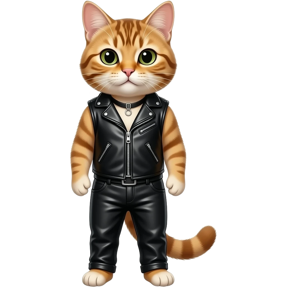 a cat wearing a black leather vest and black leather pants emoji