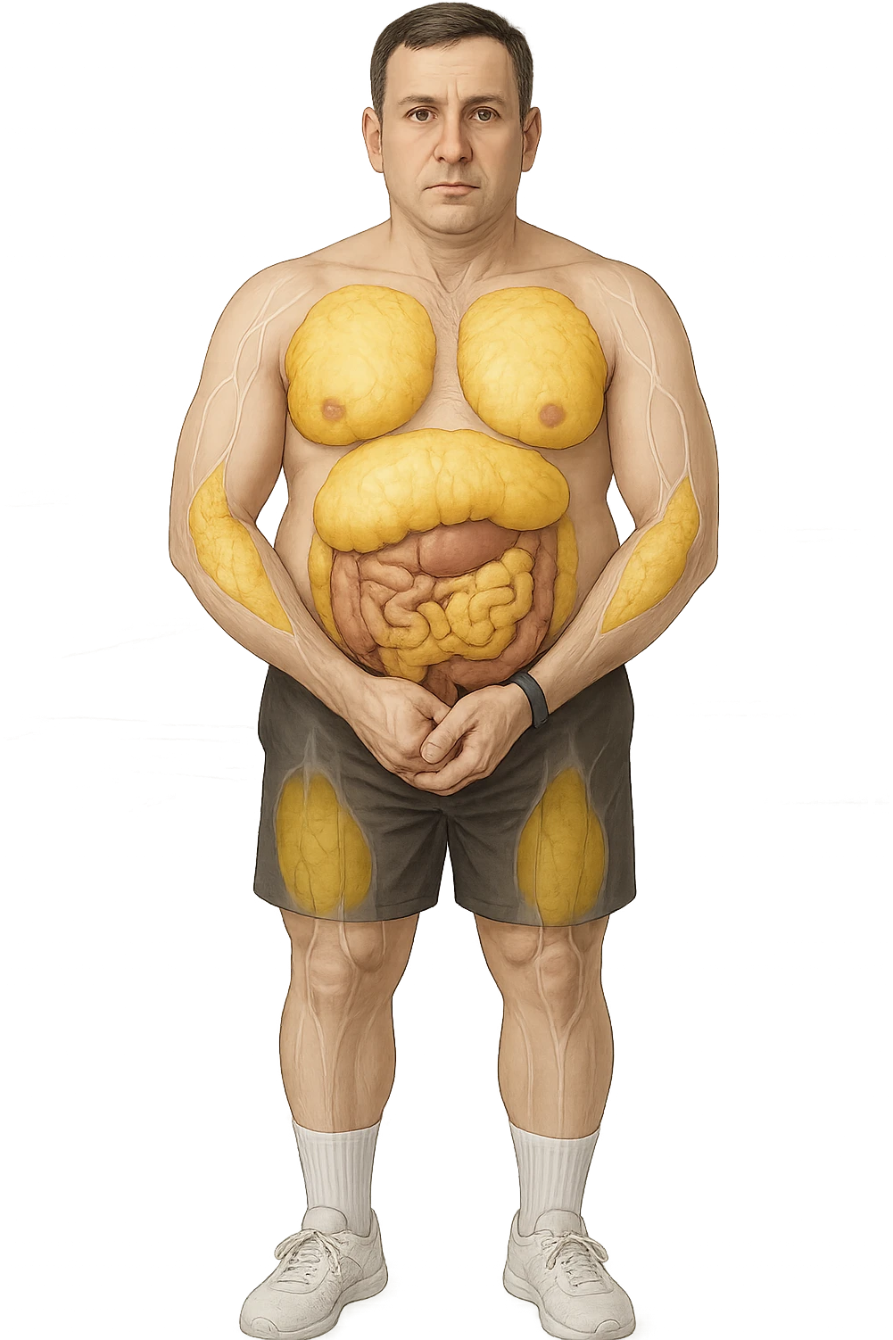a middle-aged man stands in a clinical setting, with semi-transparent overlays highlighting areas of excess body fat accumulation—such as the abdomen, chest, and thighs. The fat tissue is shown in yellow, contrasting with underlying muscles and organs. The man’s expression is neutral, and the background is clean and modern, emphasizing the educational aspect. senza scritte emoji