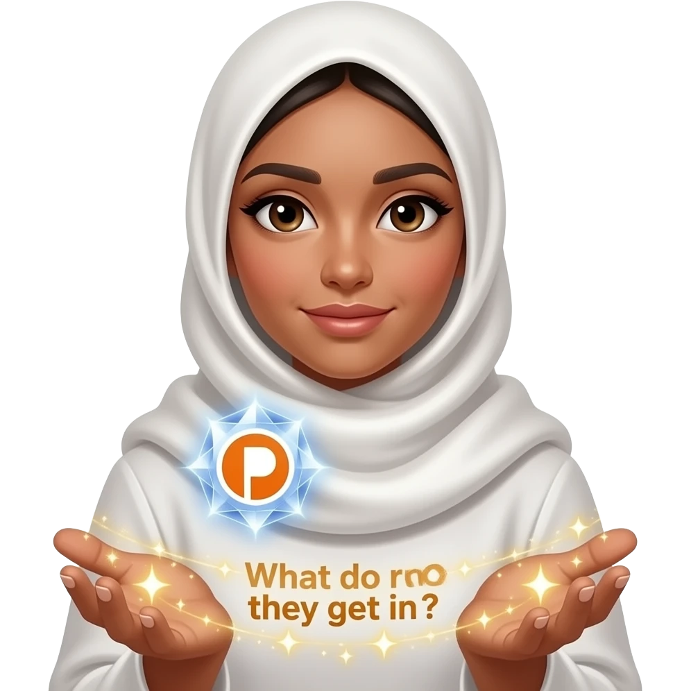 A beautiful woman in a pearl-white satin hijab, left around a glowing Patreon logo made of crystalline light. Swirling trails of celestial energy and stardust surround her hands. Amber color text: 'What do they get in?'. Isolated on white, soft pastel colors, 3D icon style, ultra-detailed emoji