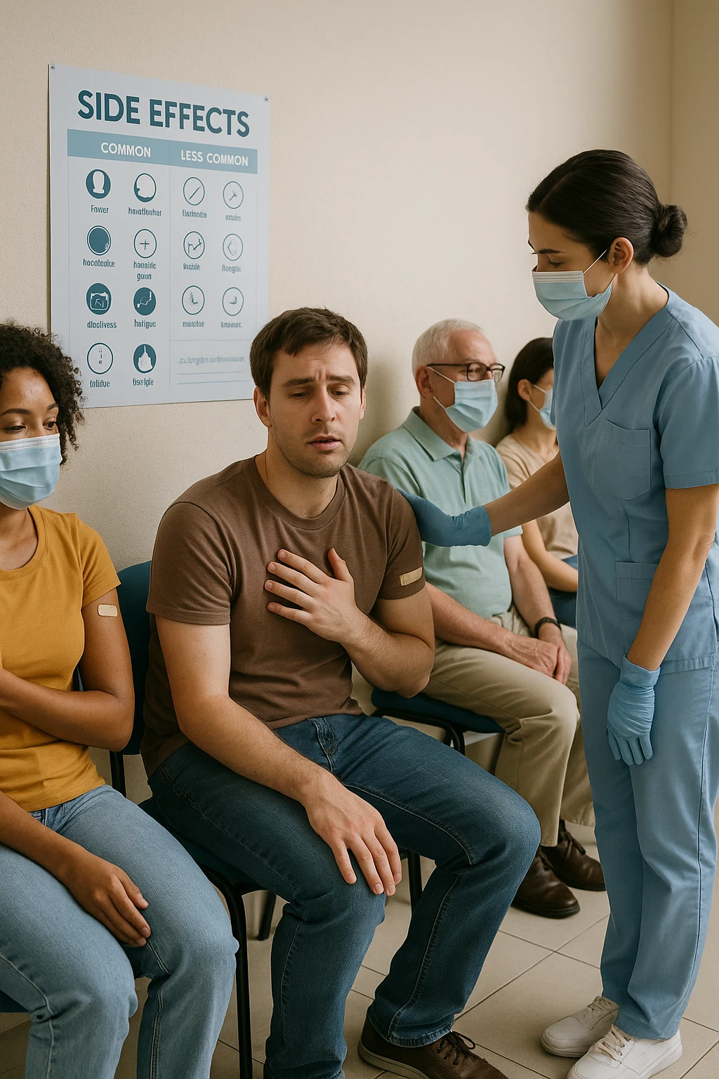 a group of people in a waiting area after vaccination, with one person looking slightly uncomfortable or dizzy. A nurse is nearby, ready to assist, and informational materials about possible side effects are visible on the wall. The mood is calm and responsible, emphasizing monitoring and care. in italiano emoji
