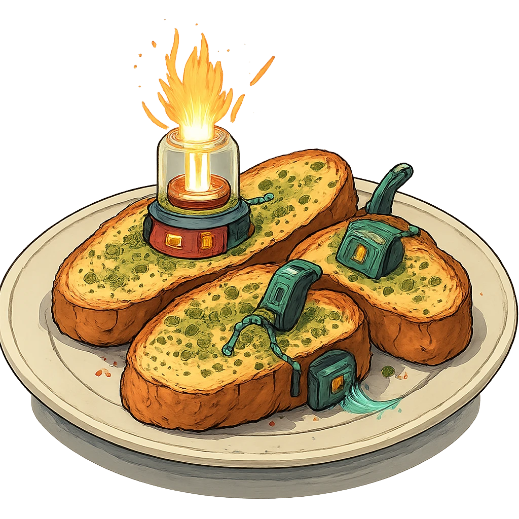 a plate of thermonuclear futuristic cyberpunk garlic bread, flawless, perfect, masterwork. highly dangerous emoji