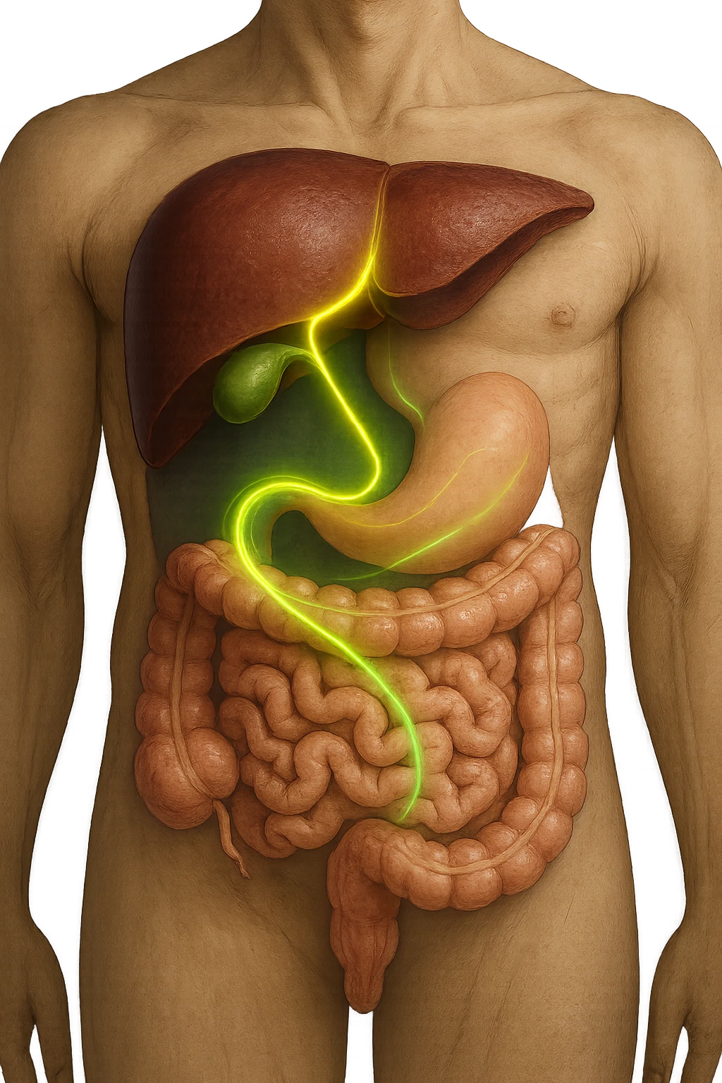 A detailed anatomical illustration-style image focusing on the human torso, highlighting the liver, gallbladder (cistifellea), and intestines. The organs are shown with realistic textures and colors: the liver in deep reddish-brown, the gallbladder as a small greenish sac tucked under the liver, and the intestines in soft pinkish hues. Connecting these organs are glowing, semi-transparent lines or light trails in vibrant colors (e.g., bright yellow or green) that visually trace the functional and physiological links between them. The lines flow smoothly from the liver to the gallbladder and then down to the intestines, symbolizing bile flow and digestive processes. The background is a subtle dark gradient that enhances the brightness and clarity of the lines and organs. The style is a blend of medical illustration and modern digital art, clear, precise, and visually engaging emoji