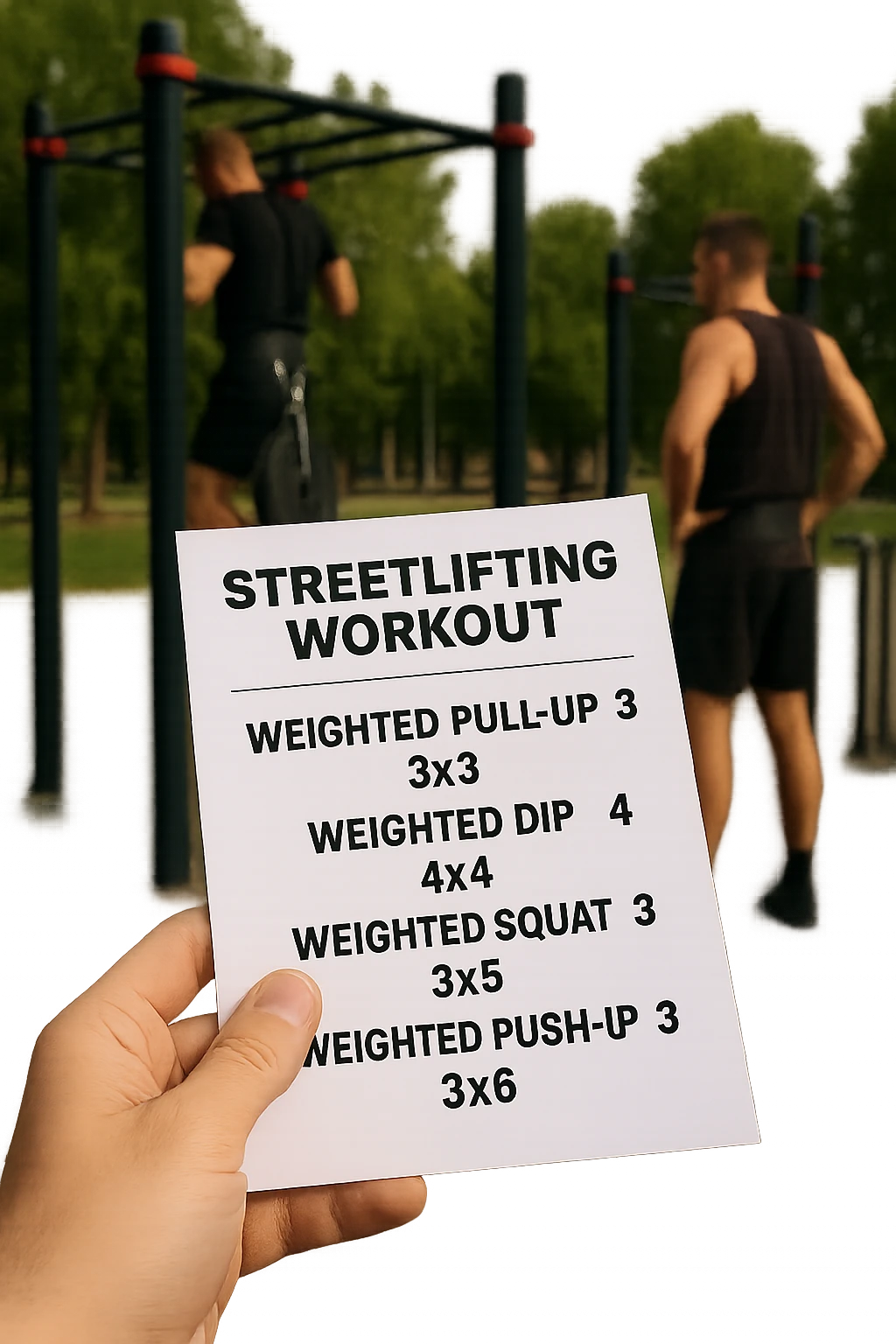 a close-up of a hand holding a printed streetlifting workout routine, with the exercises and sets written in bold text. In the background, an outdoor gym with pull-up bars, dip stations, and athletes wearing weighted belts. The lighting is natural, and the mood is motivational. emoji