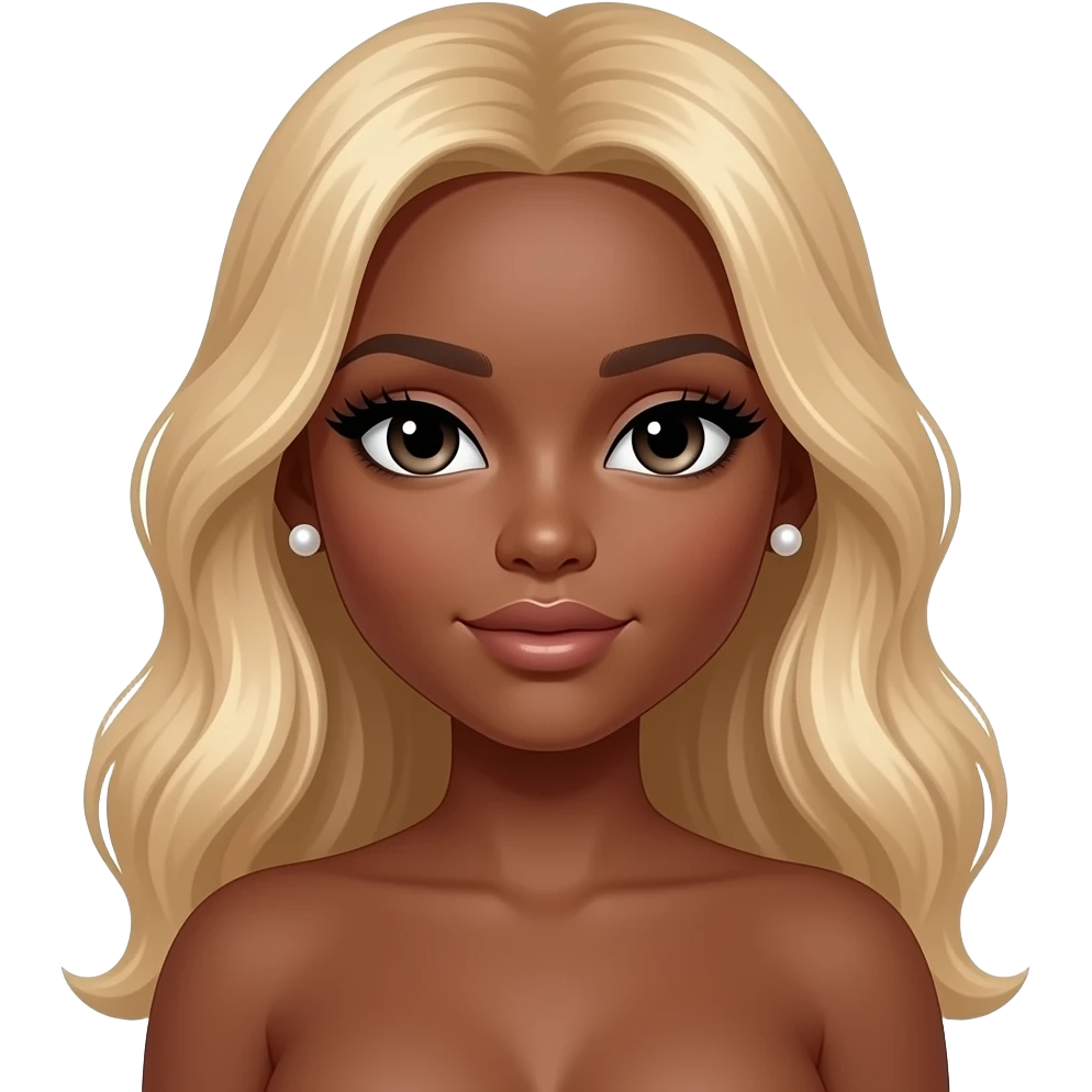 Dark brown skin, long blonde wavy hair, pearl earrings studs, long lashes, doll eyes, big breast, no bra, black eyes emoji