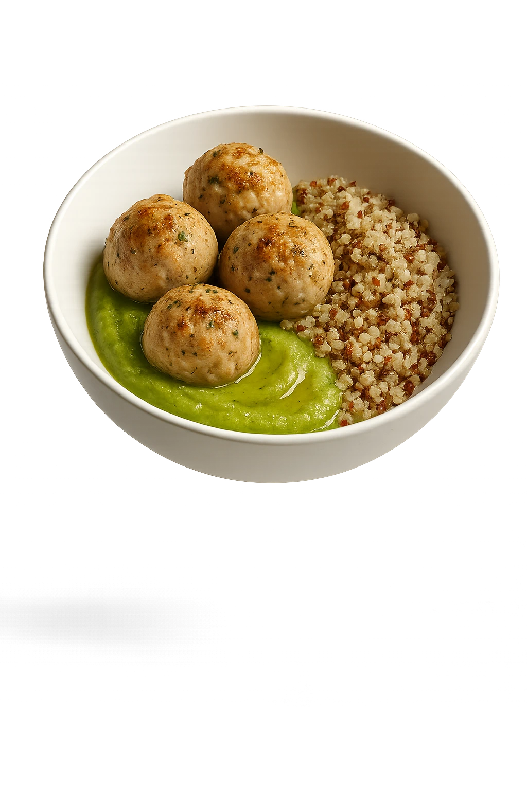 bowl bianca fluttua in aria con polpette di tacchino, purè di zucchine, quinoa e olio di oliva, iperrealistico 4k emoji