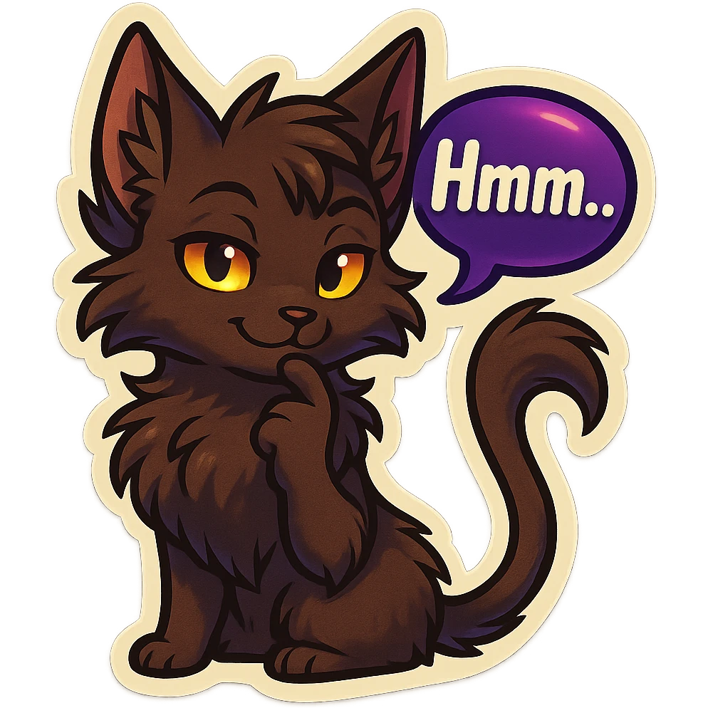 a dark-brown fluffy cute kawaii anthropomorphic furry anime cat-furry with tufted ears, golden eyes, and a long thin tufted tail, thinking, smirking thoughtfully, saying “Hmm..” with a purple speech bubble, (cartoon style) (cute anime style) (furry style) (deviantArt style) (artist style: Kamirah) emoji