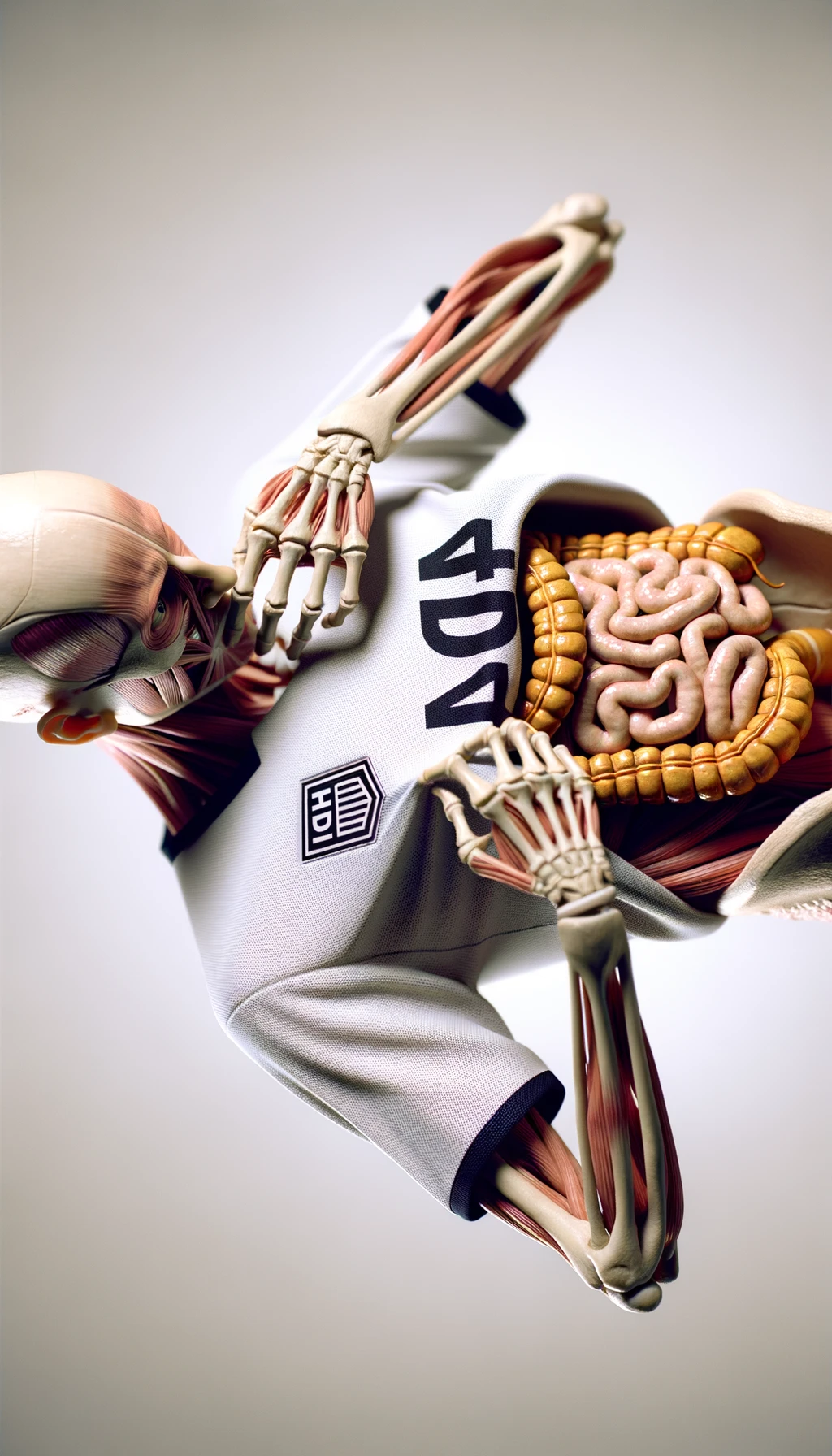 CORPO UMANO ANATOMICO CON INTESTINO UMANO ANATOMICO IN EVIDENZA CHE INDOSSA UNA MAGLIA SINTETICA, SI AFFERRA LA MAGLIA PER OSSERVARLA MEGLIO CON ESPRESSIONE DUBBIOSA IN VOLTO, SFONDO CHIARO NEUTRO, iperrealistico 4k emoji