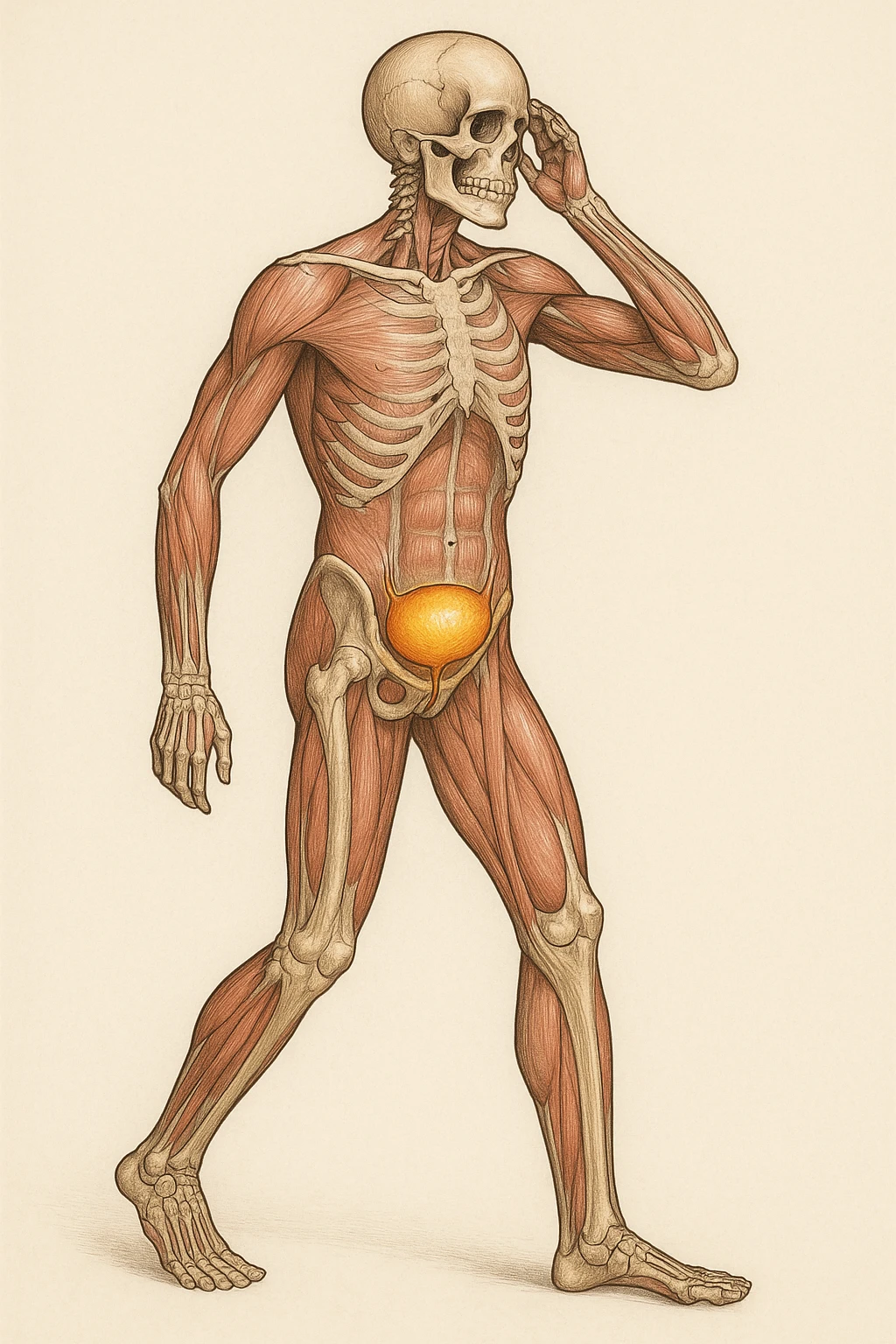 CORPO UMANO ANATOMICO CHE SI SVEGLIA LA NOTTE PER SVUOTARE LA VESCICA, VESCICA ANATOMICA IN EVIDENZA, SFONDO CHIARO NEUTRO emoji