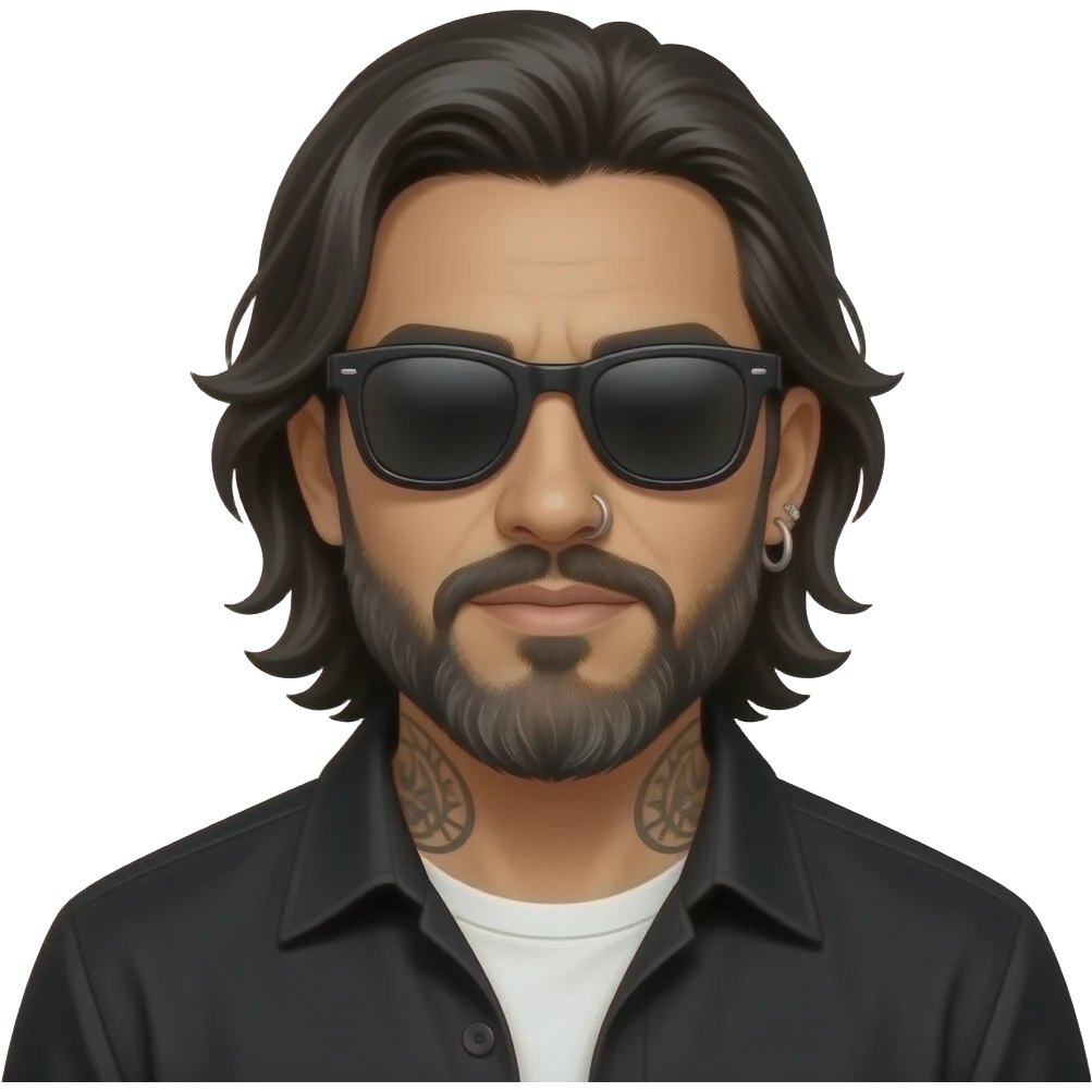 A podcast host who is a handsome Latino man with medium length hair and pretty long beard with some grays and tattoos with a right nose hoop and a left earring hoop wearing all black with a white undershirt and black sunglasses emoji