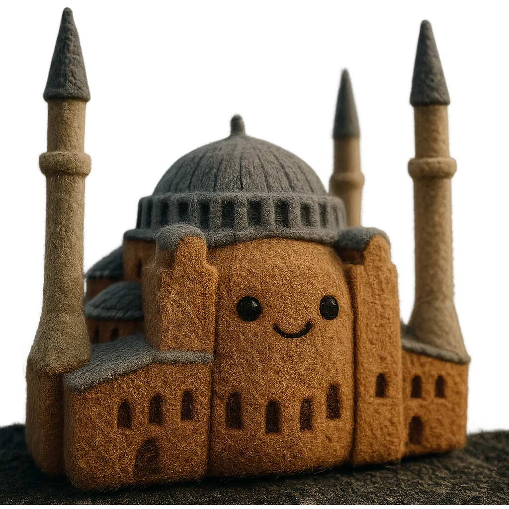 Isometric illustration of Istanbul, featuring real photorealistic Hagia Sophia with ts large central dome and four tall minarets, with real transparent background emoji