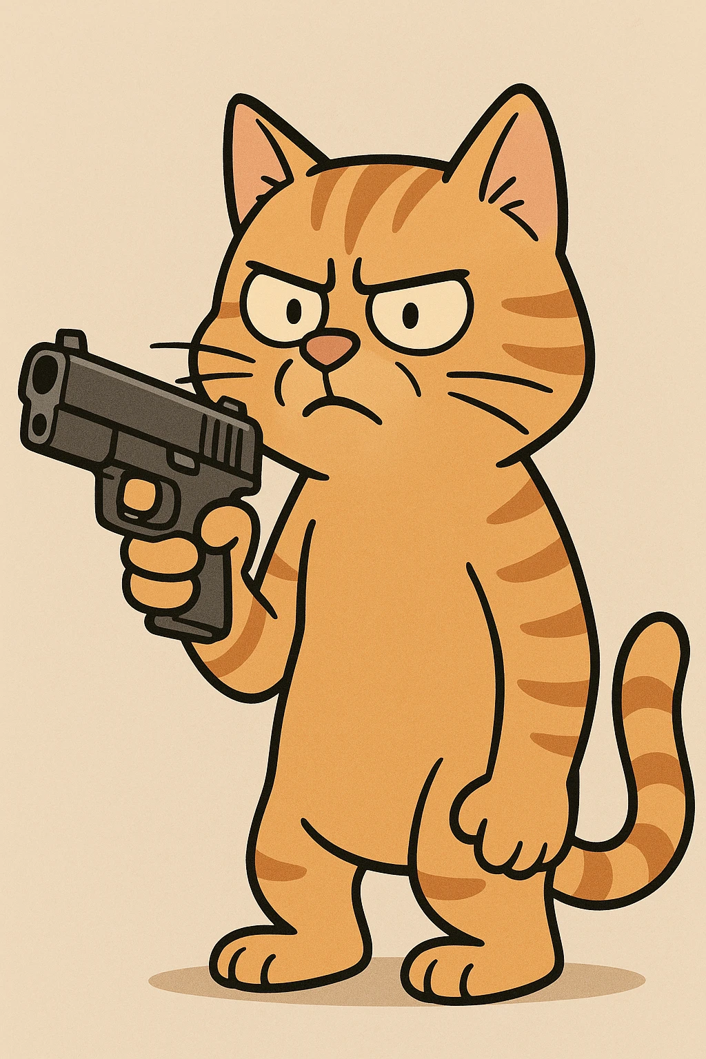 orange tabby cat holding a gun, cartoon style, bold lines emoji