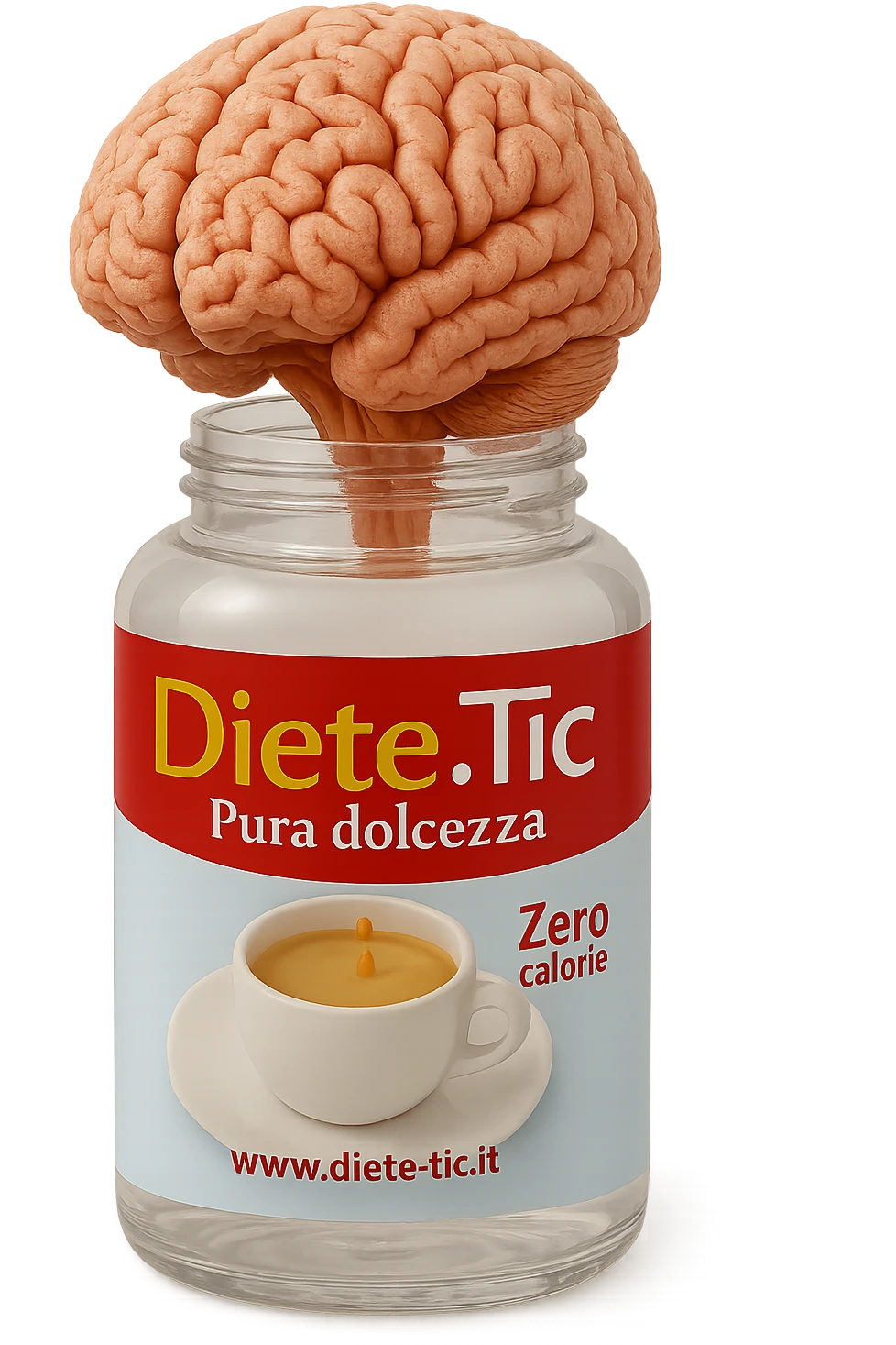 boccetta di dolcificante aperta da cui dentro esce un cervello anatomico umano, iperrealistico 4k emoji